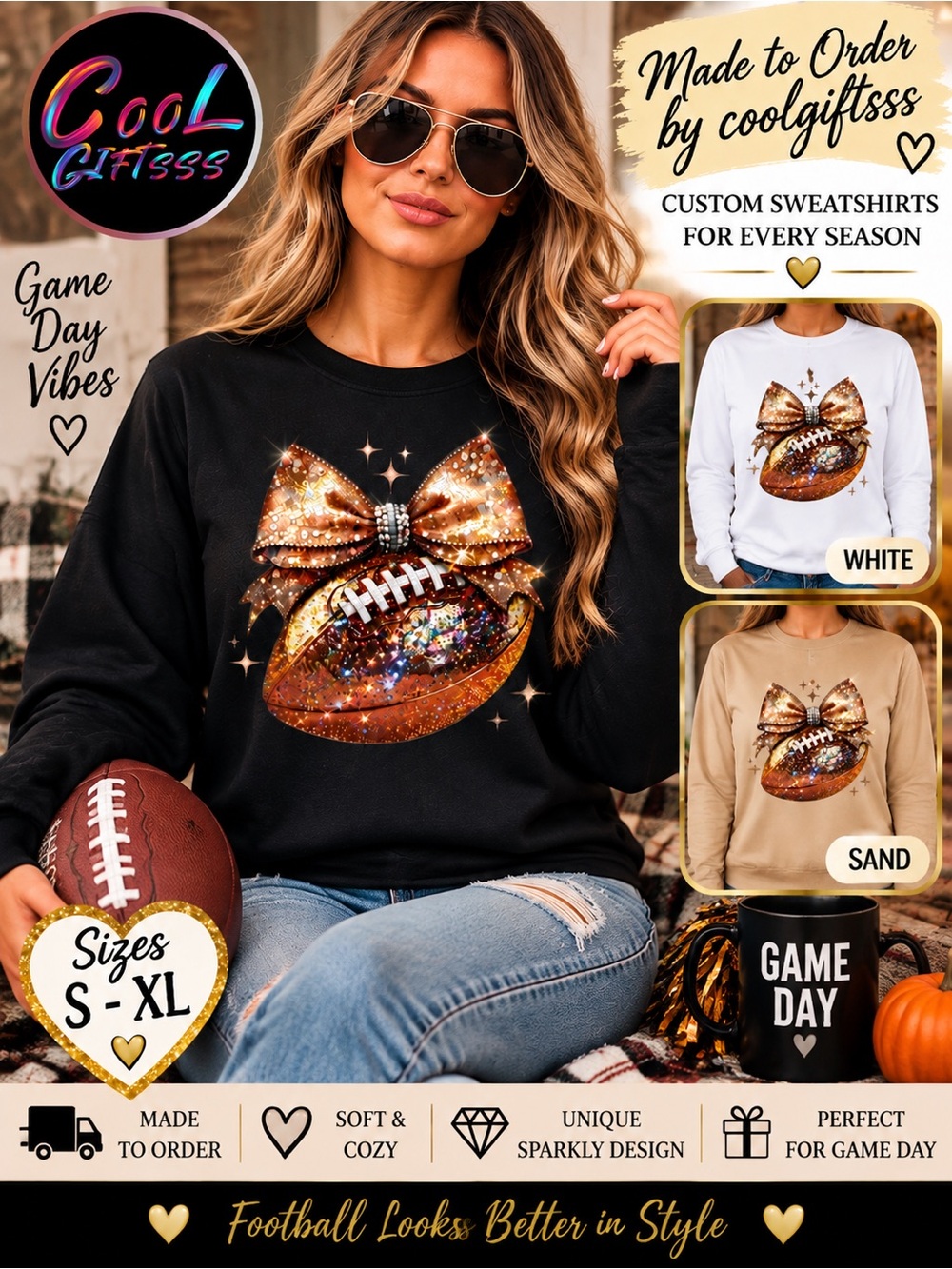 Game Day Football Sweatshirt | Sparkly Faux Rhinestone Football & Bow S M L XL
